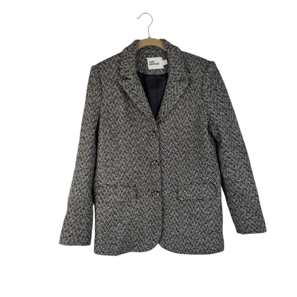 Self Portrait Black Herringbone Tweed Blazer Jacket Jewel 3-Button Womens US 4